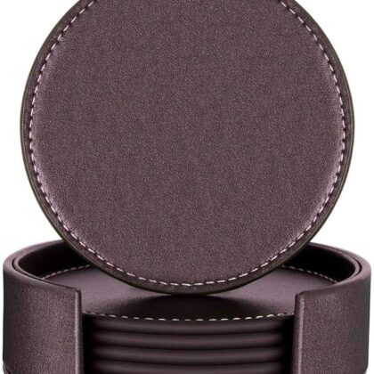 PU Leather Coasters with Holder Set of 6 Round Table Coasters for Drink Brown Cup Mat Coasters Table Protector