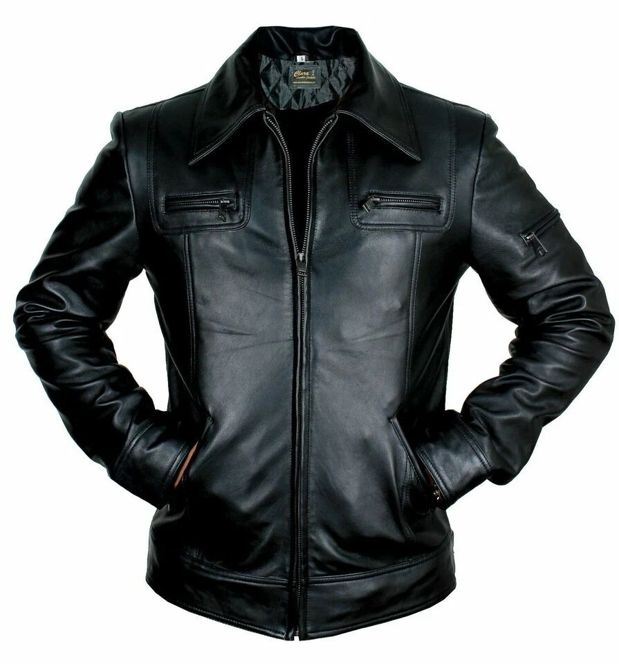 Mens Slim-Fit Genuine Leather Biker Jacket